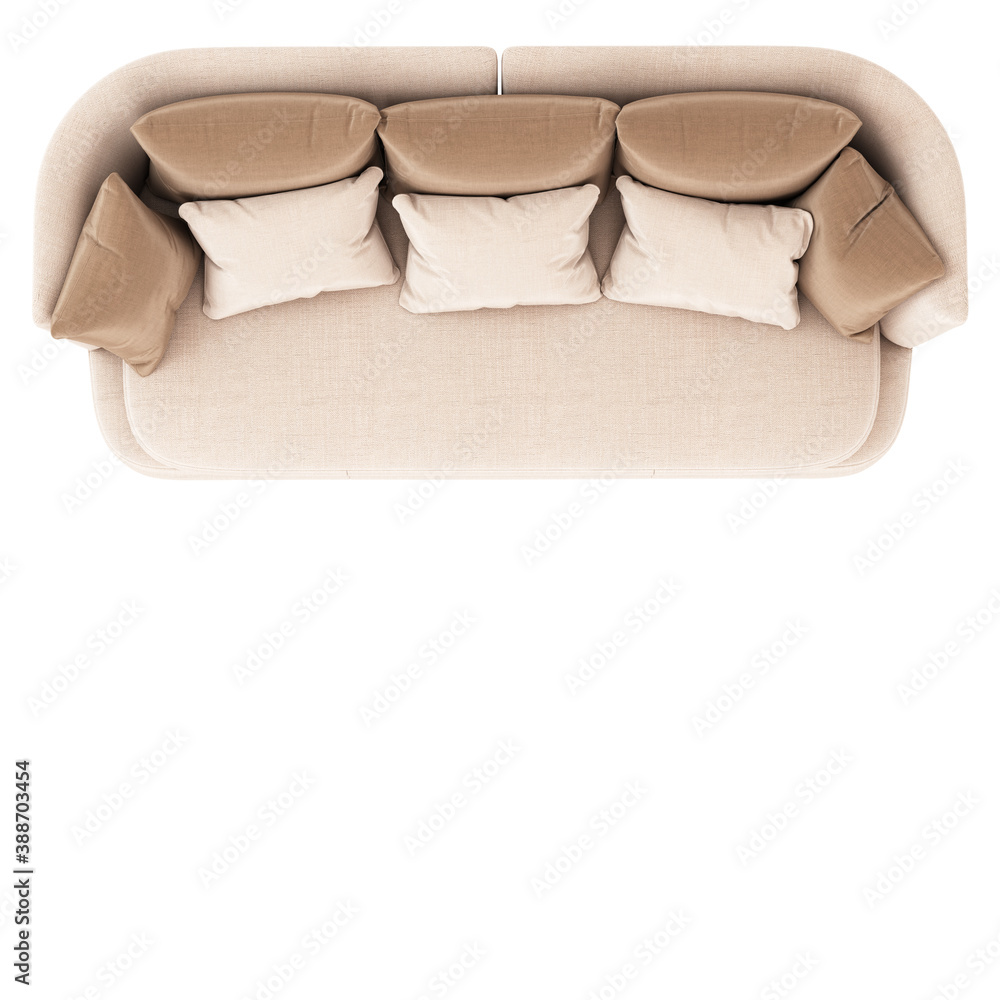Soft sofa with pillows top view on a white background. 3d rendering