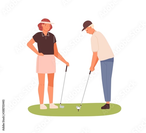 Couple of adults playing golf together. Woman in cap visor holding golf club and man aiming. Summer sport outdoor game. Flat vector cartoon illustration isolated on white