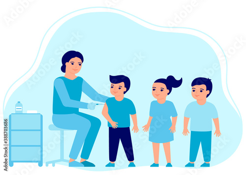 Children flu vaccine injections, kids vaccination. Doctor help immune system health. Prevention and treatment, flu shots, virus vaccinations. Health care, prevention, immunization in hospital. Vector