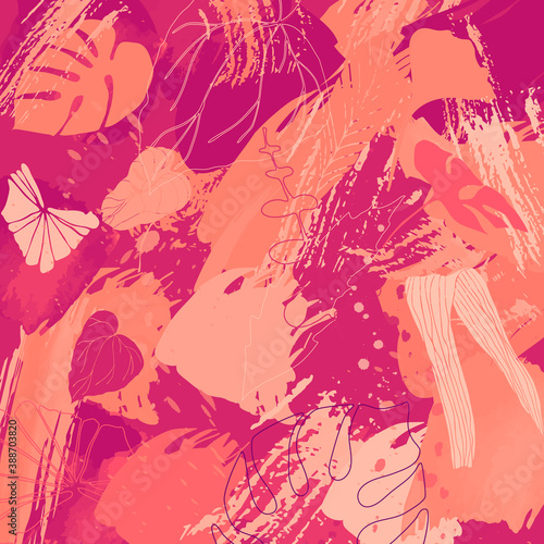 Tropical leaves and plants background. Monstera leaf pattern. Textured artistic background for textile, web design, postcard, banner, poster,  advertisment