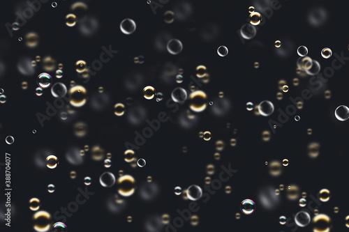 transparent bubbles soap pattern overlay abstract particles splashes of water on black.