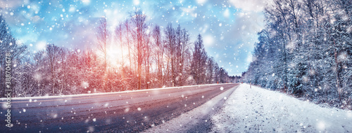 Winter road with snow and the trees all around