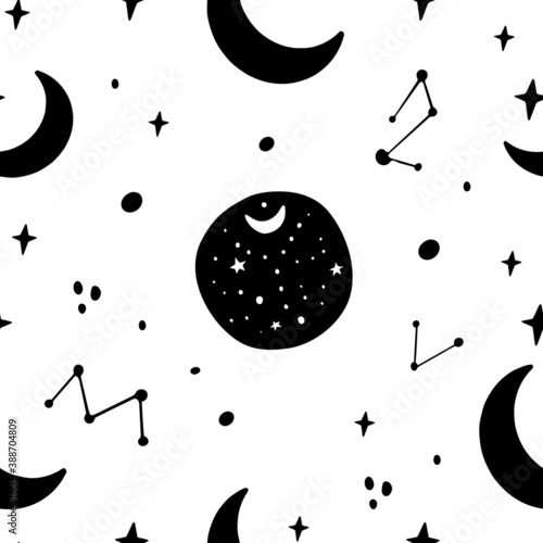 Vector seamless pattern of  mystic moon and stars. Great for fabric, wrapping paper. Aztec stile, tribal art, ethnic collection, design isolated on white background.