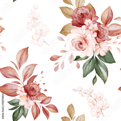 Floral seamless pattern of brown and peach watercolor roses and wild flowers arrangements on white background for fashion, print, textile, fabric, and card background