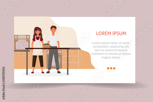 The boy and girl prepares healthy food in the kitchen. A man and woman cooking a salad. Flat vector illustration.