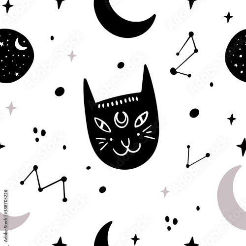 Halloween seamless pattern design with bat, potion, stars and black cat. Great for fabric, wrapping paper. Aztec stile, tribal art, ethnic collection, design isolated on white background.