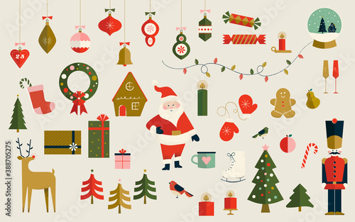 Set of 43 Christmas Elements and Icons including: Santa Claus, Rudolph the Red Nosed Reindeer, Gingerbread Men, The Nutcracker, Christmas Trees, Christmas Ornaments, Stockings, Wreaths, Candy Canes et