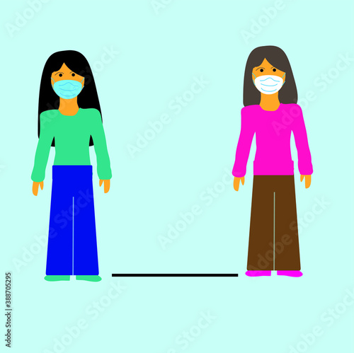 
The space for the safety of people should be at a distance of 2 meters from each other. Girls in medical masks for the prevention of coronavirus keep social distance. Modern flat design style.