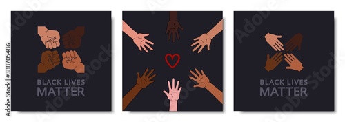 Black lives matter posters set. card collection.  blm set. Black and white hands together concept. Anti racism and racial equality and tolerance banner. Black lives matter for social media,bipoc