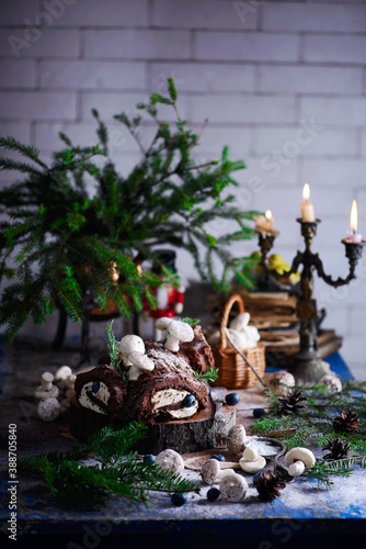 YULE LOG CAKE on a Christmas rustic background