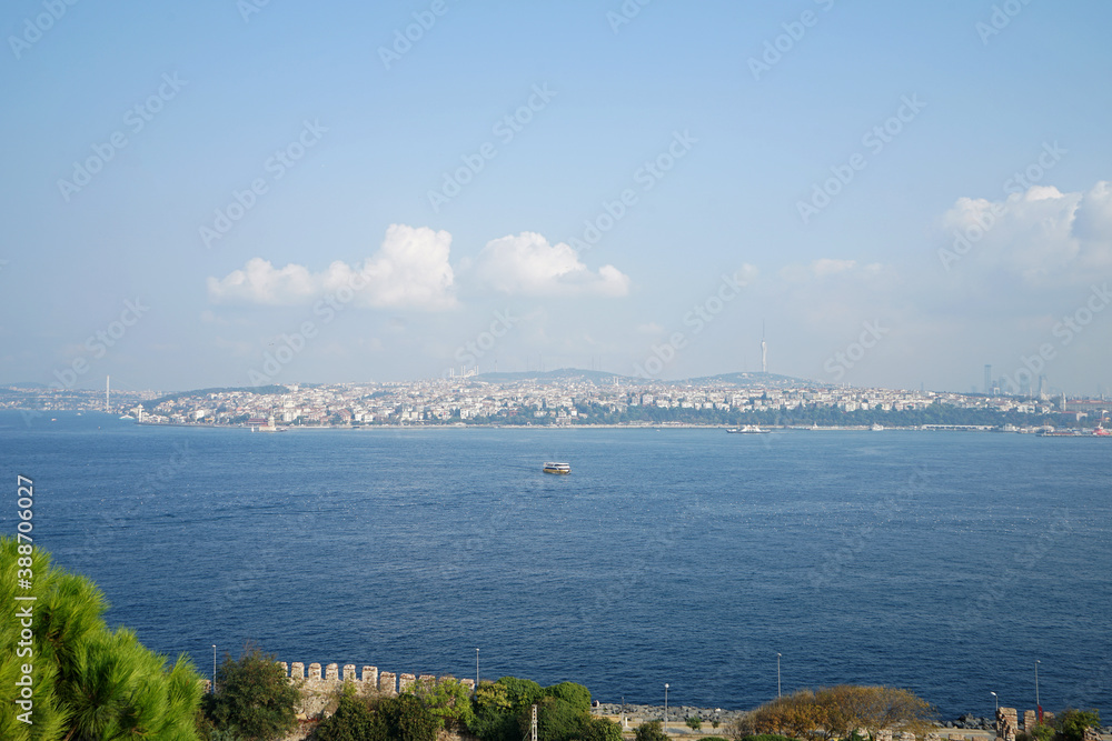 Turkish cityscape and seascape of Bosphorus, natural strait connecting the Black Sea to the Sea of Marmara- Istanbul, Turkey