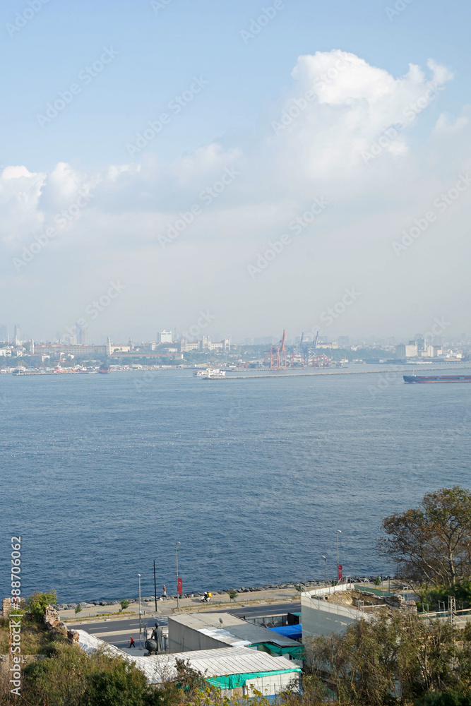 Turkish cityscape and seascape of Bosphorus, natural strait connecting the Black Sea to the Sea of Marmara- Istanbul, Turkey