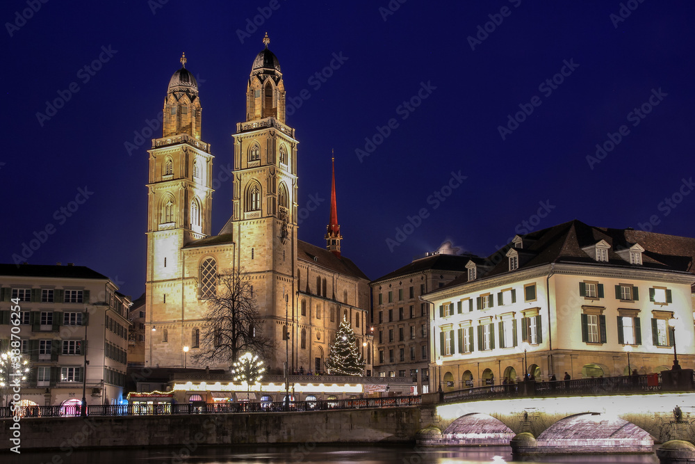 Grossmunster (The Great Cathedral) at night during Christmas season
