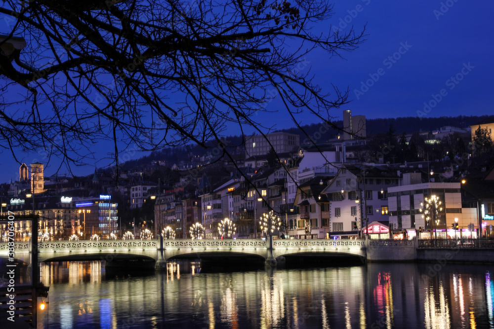 Zurich night on banks of Limmat river at Christmas season Zurich night on banks of Limmat river at Christmas season