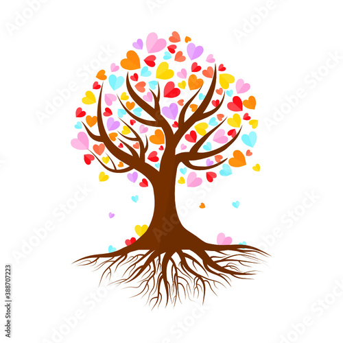 Tree with hearts leaves isolated on white background.