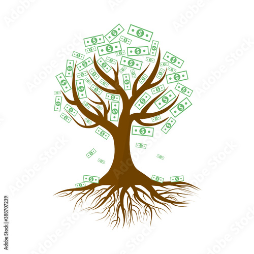 Tree with dollars leaves isolated on white background.