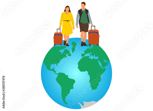 Tourists with suitcases travel on world. Vector illustration.
