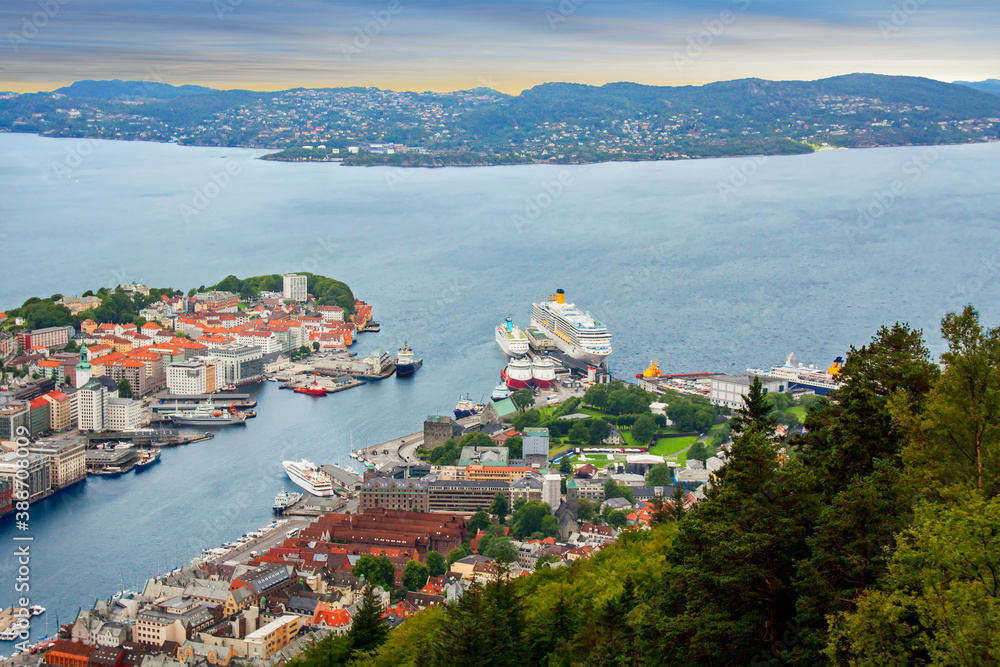 Bergen, Norway, view from above.
 Bergen attracts with its historical monuments, old narrow streets, small wooden houses, numerous museums and beautiful surroundings.