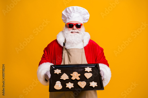 Photo of santa claus chef grandpa grey beard hold ready ginger bread healthy sweets cool grandparent take care kids wear costume gloves sun specs cap apron isolated yellow color background