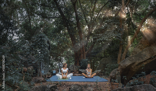 Two beautiful woman do yoga  exercises in nature garden, outdoor training