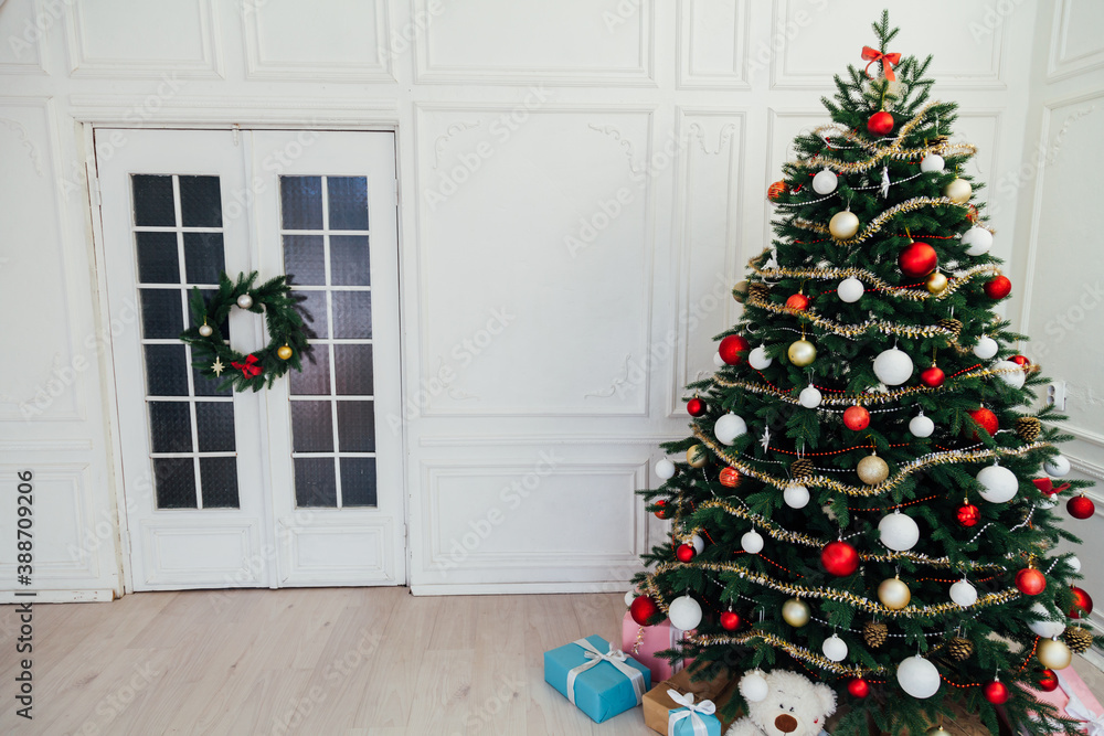 New Year's Home Christmas Tree with gifts decor holiday winter postcard New Year's Home Christmas Tree with gifts decor holiday winter postcard