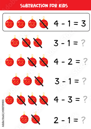 Subtraction for kids with cartoon red Christmas ball.