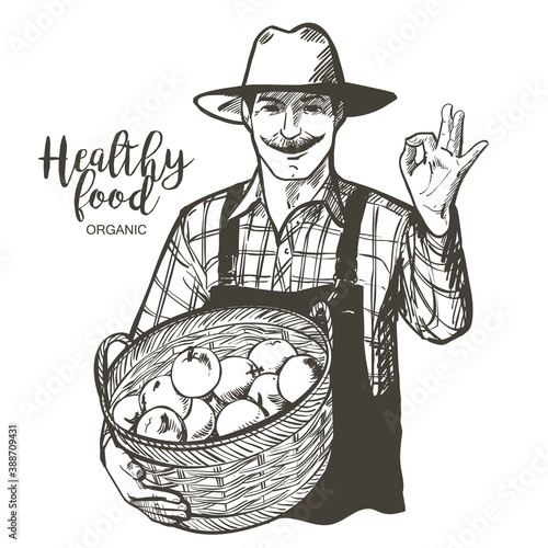 Farmer with a hat and mustache with basket of vegetables, fruits, apples. Man with organic product crops from the farm. Vector vintage line sketch illustration