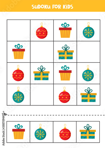 Sudoku puzzle game for preschoolers with Christmas balls and presents.