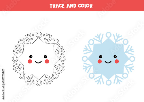 Trace and color kawaii snowflake. Writing skills practice.