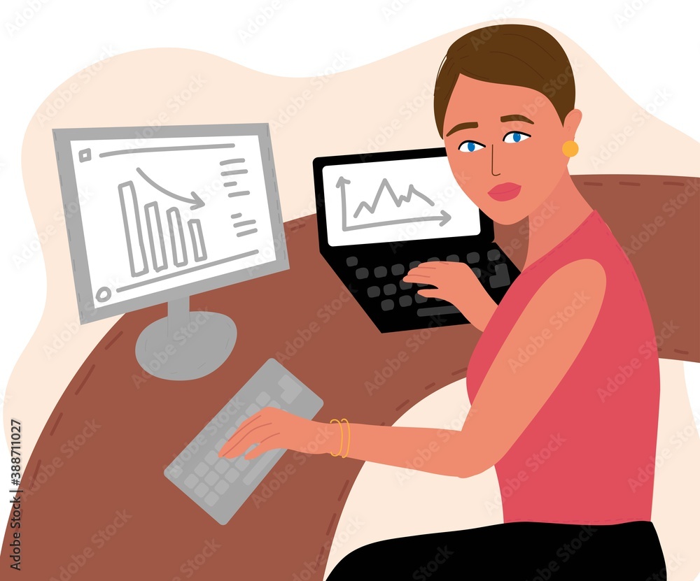 Attractive young woman working at desk with laptop and computer. Office employee at the workplace. Vector illustration in cartoon style Attractive young woman working at desk with laptop and computer. Office employee at the workplace. Vector illustration in cartoon style