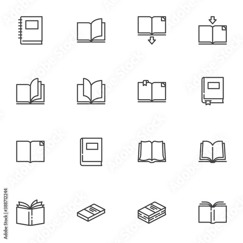 Blank book line icons set, outline vector symbol collection, linear style pictogram pack. Signs, logo illustration. Set includes icons as open book page with bookmark, textbook, notebook © alekseyvanin