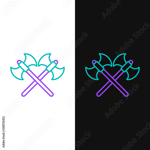 Line Crossed medieval axes icon isolated on white and black background. Battle axe, executioner axe. Colorful outline concept. Vector.