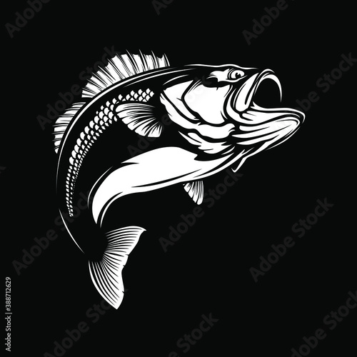 Fishing bass logo. Bass fish with rod club emblem. Fishing theme illustration. Fish Isolated on white.