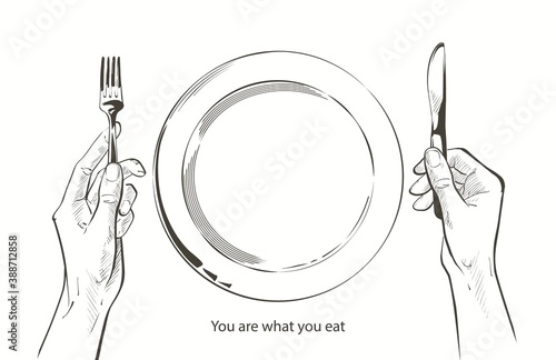 Vector hands holding a knife and fork, plate on a table. Fasting, starvation, diet, weight loss, healthy eating concept. Bon appetit. Cutlery sketch line drawing silhouette realistic illustration.