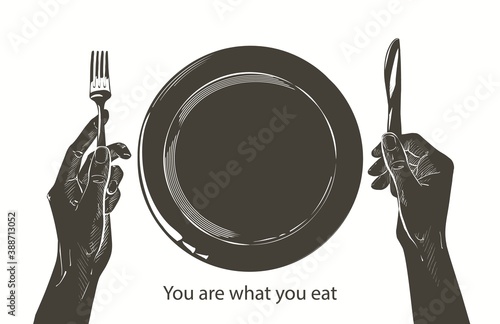 Vector hands holding a knife and fork, plate on a table. Fasting, starvation, diet, weight loss, healthy eating concept. Bon appetit. Cutlery sketch line drawing silhouette realistic illustration.