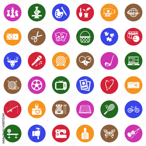 Hobbies Icons. White Flat Design In Circle. Vector Illustration.
