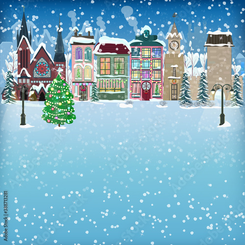 Happy New year and Christmas illustration with winter snow-covered European city and old houses. Greeting image with space for text for cards, napkins, or flyers. Vector illustration in cartoon style.