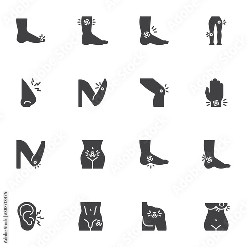 Body ache vector icons set, body pain modern solid symbol collection, filled style pictogram pack. Signs, logo illustration. Set includes icons as ear pain, nose, urination, arm joint, ankle, shoulder