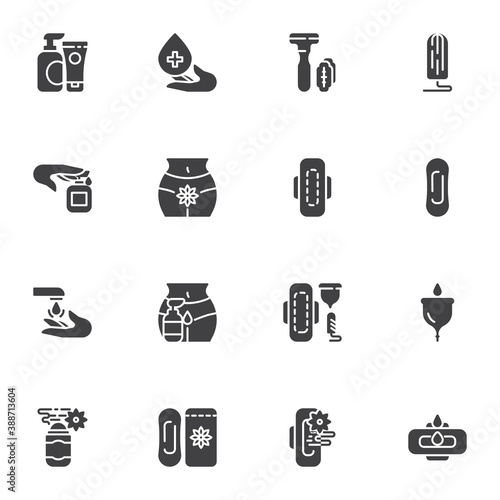 Intimate hygiene, menstruation vector icons set, modern solid symbol collection, filled style pictogram pack. Signs, logo illustration. Set includes icons as sanitary napkin and tampons, feminine pads