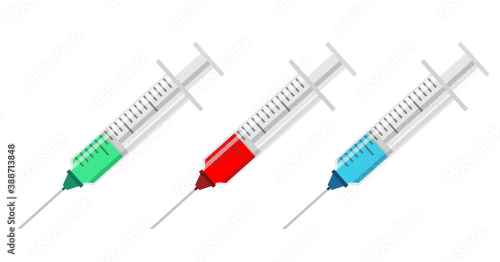 A set of syringes with different fluids and medications. Syringe icons in flat style with blue, red and green medicine. A set of syringes with different fluids and medications. Syringe icons in flat style with blue, red and green medicine.