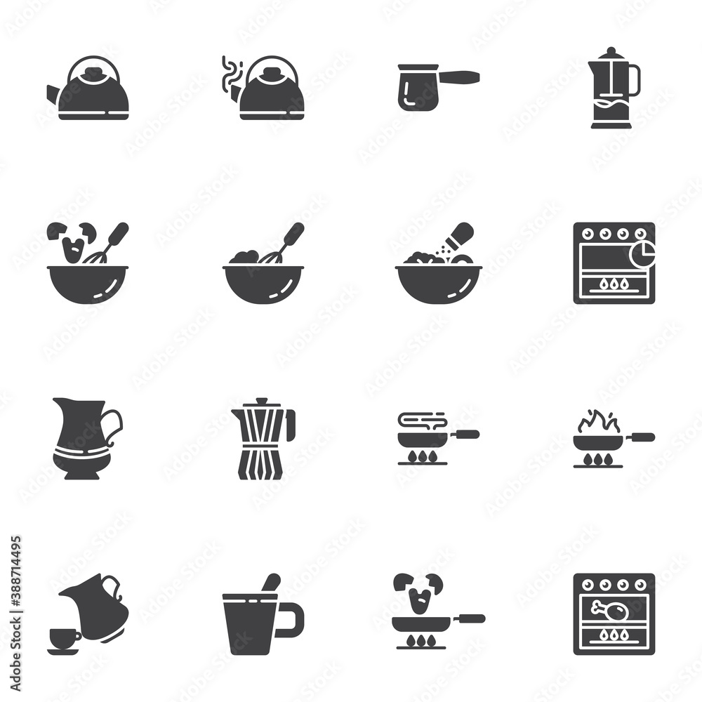 Cooking utensil vector icons set, modern solid symbol collection, filled style pictogram pack. Signs, logo illustration. Set includes icons as tea kettle, french press, gas oven, frying pan, microwave