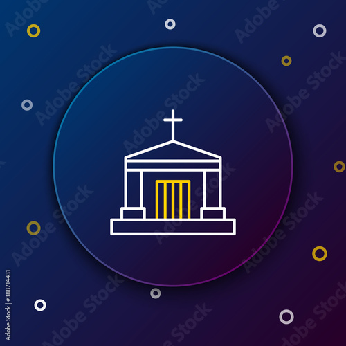 Line Old crypt icon isolated on blue background. Cemetery symbol. Ossuary or crypt for burial of deceased. Colorful outline concept. Vector.
