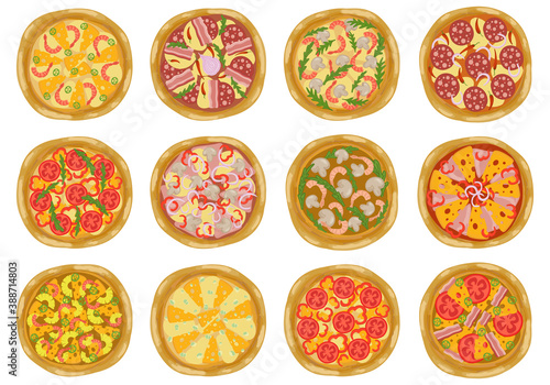 Pizza icon set. Top view. Different Italian pizzas for menu design: pepperoni, hawaiian, cheese, margarita, marinara, vegetarian. Vector illustration.