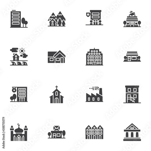 Buildings architecture vector icons set, modern solid symbol collection, filled style pictogram pack. Signs logo illustration. Set includes icons as coffee shop, front store, hospital, office building