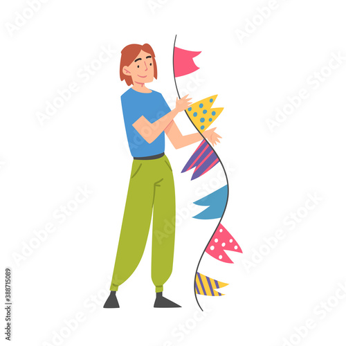 Joyful Guy with Party Flags, Happy Young Man with Holiday Symbols, Happy Birthday Concept Cartoon Style Vector Illustration