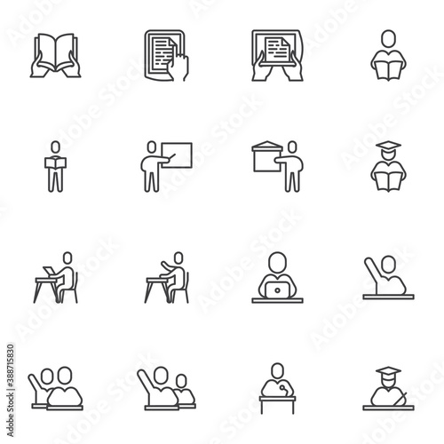 Back to school line icons set, education outline vector symbol collection, linear style pictogram pack. Signs, logo illustration. Set includes icons as book reading, teacher, graduate student, ebook