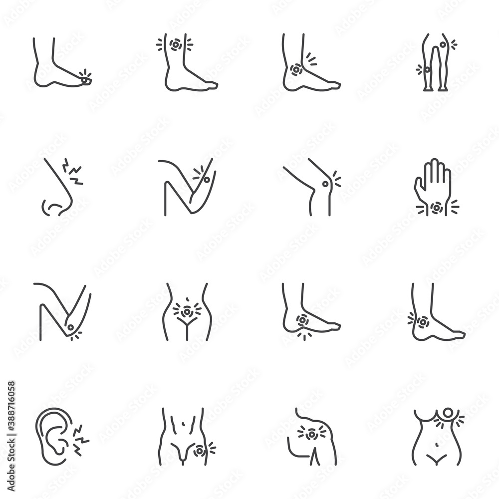 Body ache line icons set, body pain outline vector symbol collection, linear style pictogram pack. Signs, logo illustration. Set includes icons as ear pain, nose, urination, arm joint, ankle, shoulder