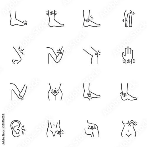 Body ache line icons set, body pain outline vector symbol collection, linear style pictogram pack. Signs, logo illustration. Set includes icons as ear pain, nose, urination, arm joint, ankle, shoulder