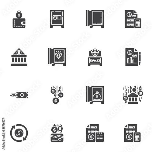 Banking, finance vector icons set, modern solid symbol collection, filled style pictogram pack. Signs logo illustration. Set includes icons as deposit box, money wallet, accounting report, bank budget