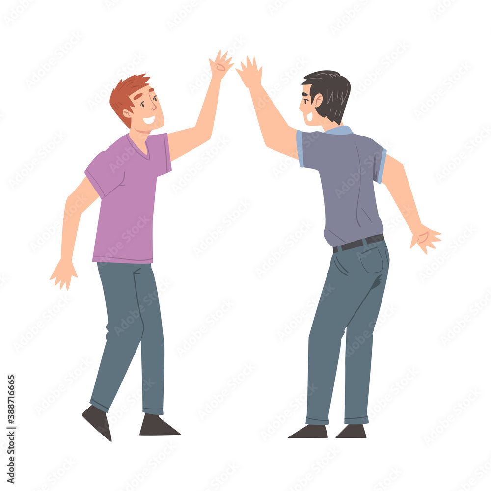 Smiling Men Giving High Five, Cheerful Friends and Colleagues Characters Meeting, Happiness, Agreement or Joy Expression Cartoon Style Vector Illustration Smiling Men Giving High Five, Cheerful Friends and Colleagues Characters Meeting, Happiness, Agreement or Joy Expression Cartoon Style Vector Illustration